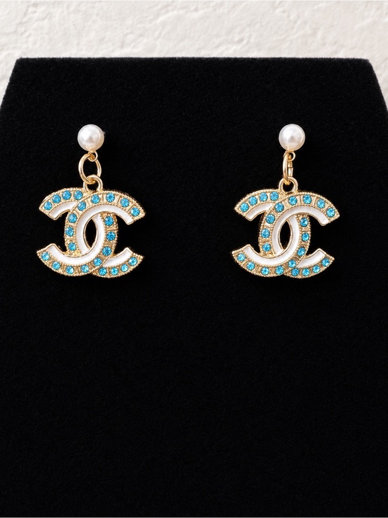 CHANEL Jewelry - Gold Double-C Drop Earrings with Turquoise Crystals and Pearl Studs
